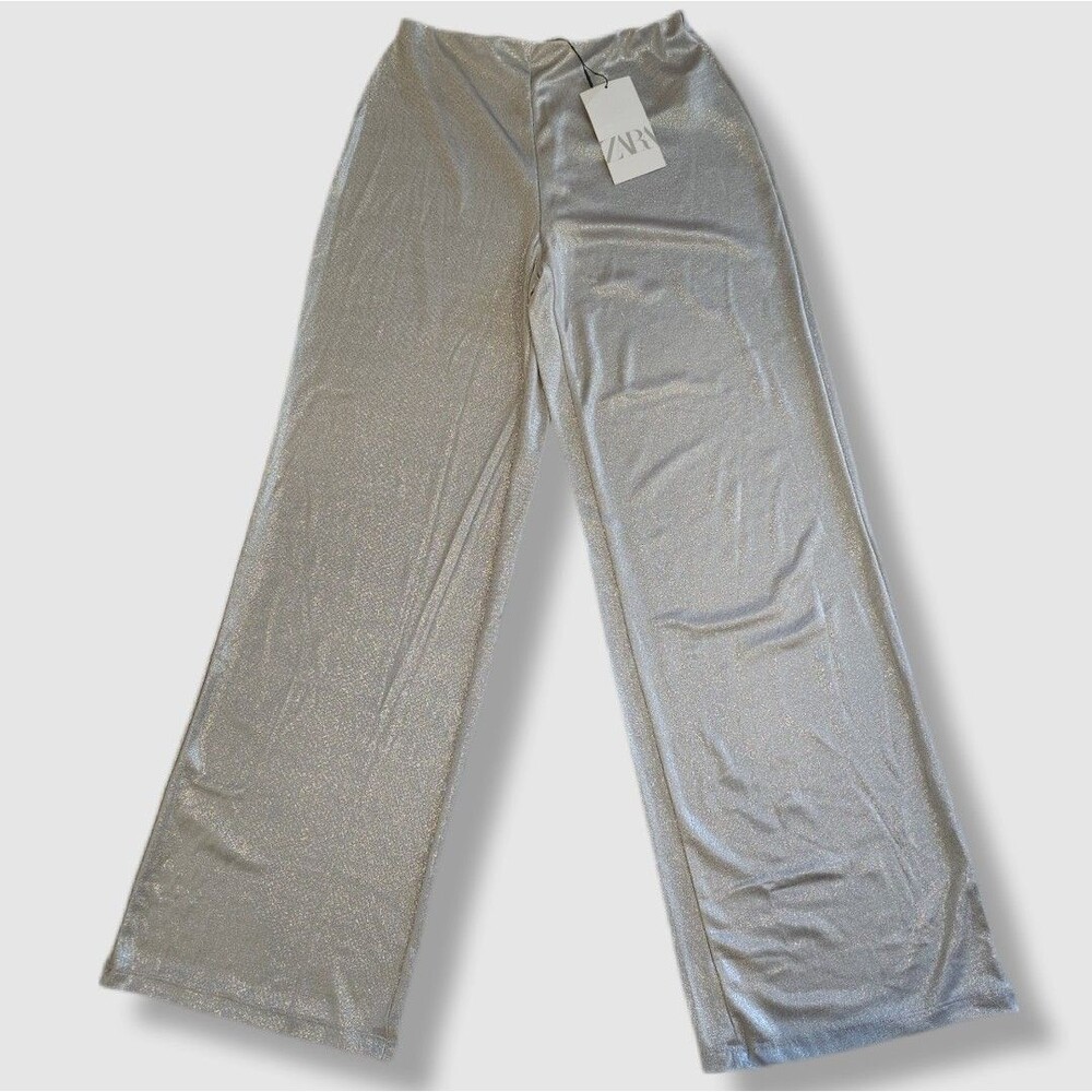 ZARA wide leg pants size s silver metallic high rise flowy trousers NWT